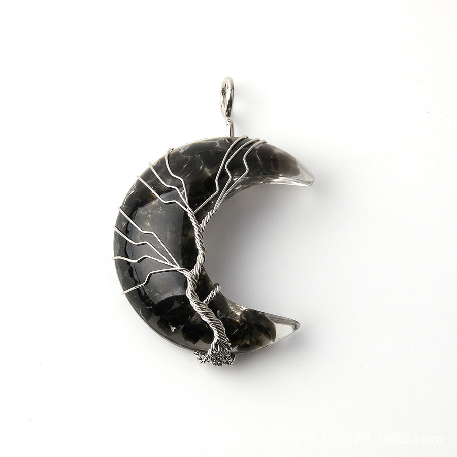 Wholesale Moon Wrap Tree of Life Gravel Pendant Resin Stainless Steel Chain Tooth Necklace